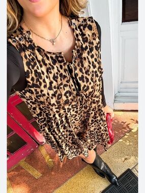 Sleeveless Leopard-Print Romper with Front Tie - Tan & Black